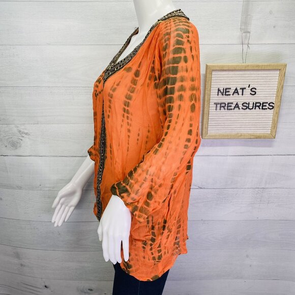 Michael Kors Switzerland Orange Brown Sheer Embellished V Neck Tunic Top Size S - Picture 7 of 16